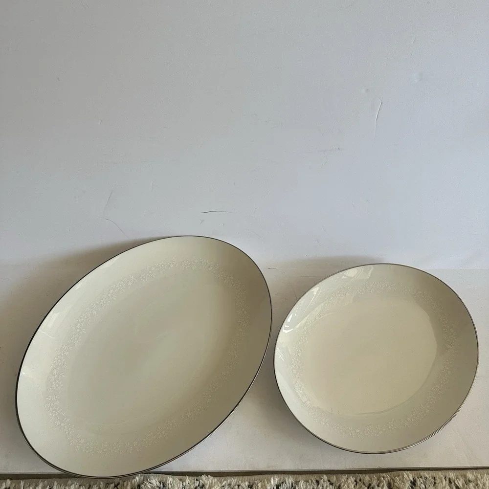 Noritake Montblanc 7257 Large & Med Oval Platters - White Floral Border on Ivory
